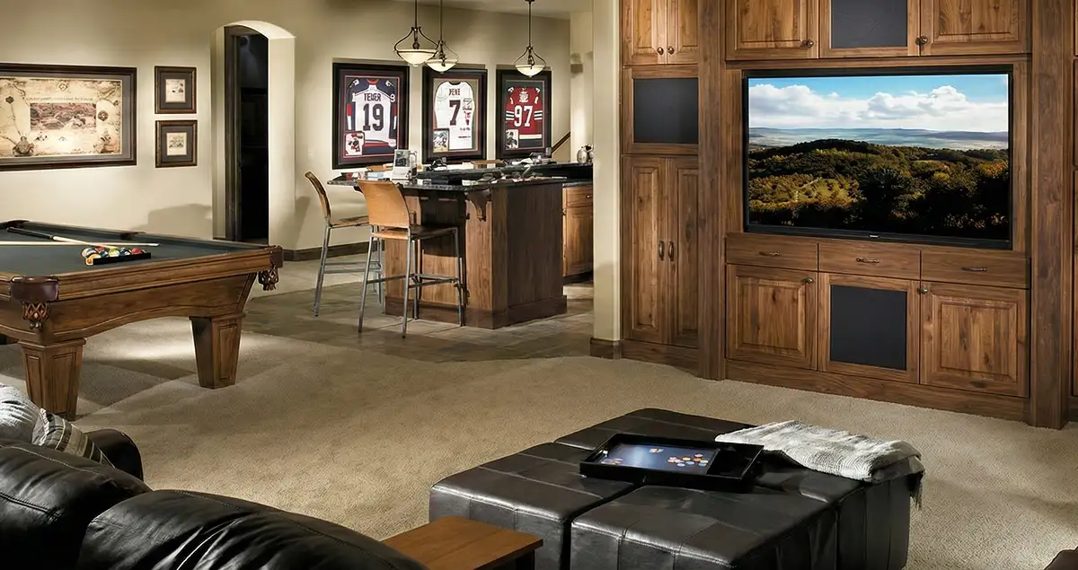 finished basement remodeling project transforming a basement into a comfortable living space in Los Angeles, CA