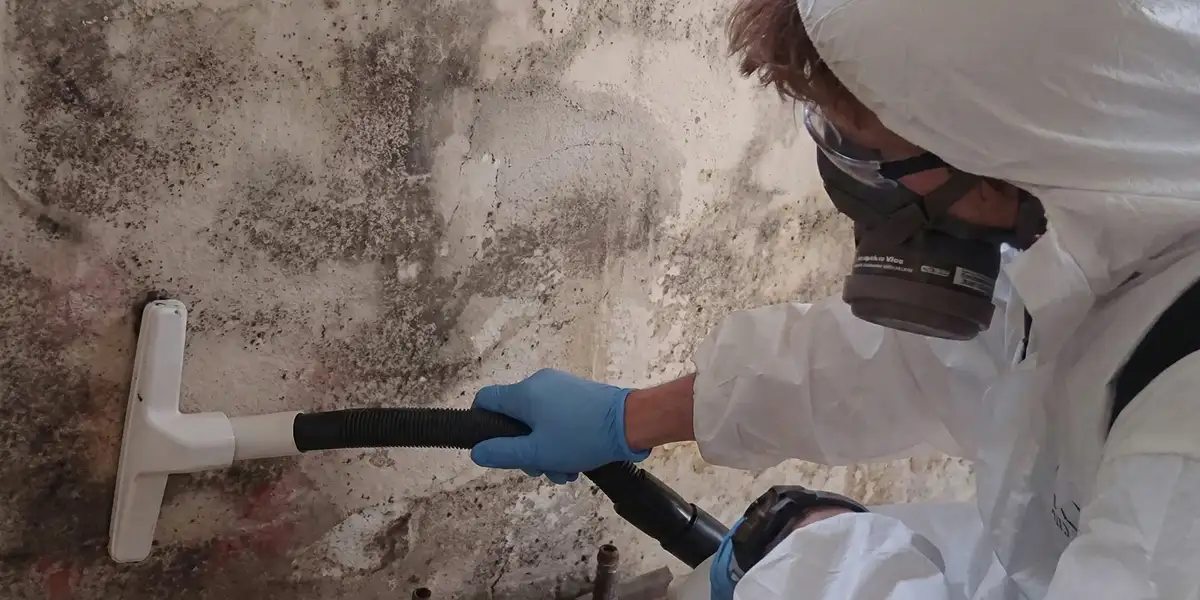 professional mold removal technician wearing protective equipment removing mold from a wall in Los Angeles, CA